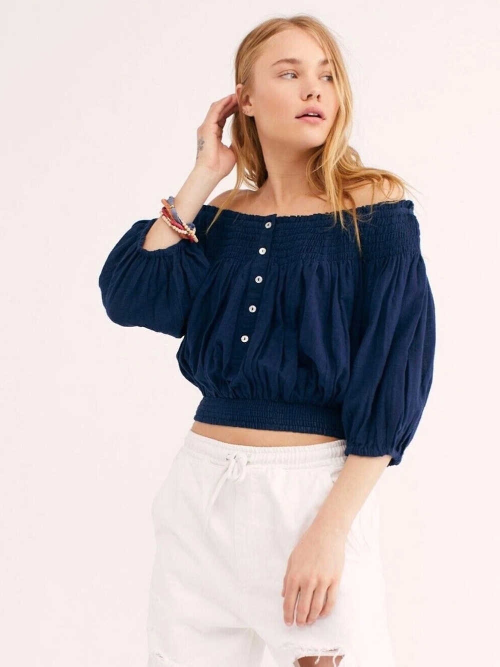 We the Free Dancing Till Down Off-Shoulder Navy Peasant Blouse. Cropped. Boho. M